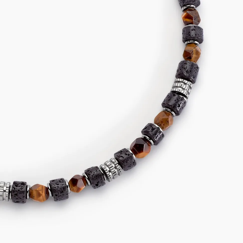Collier Jourdan Bengale Acier Argenté Oeil De Tigre Pierre De Lave