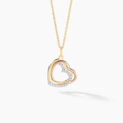 Pendentif Coeur Penche Double Or Tricolore Oxyde De Zirconium